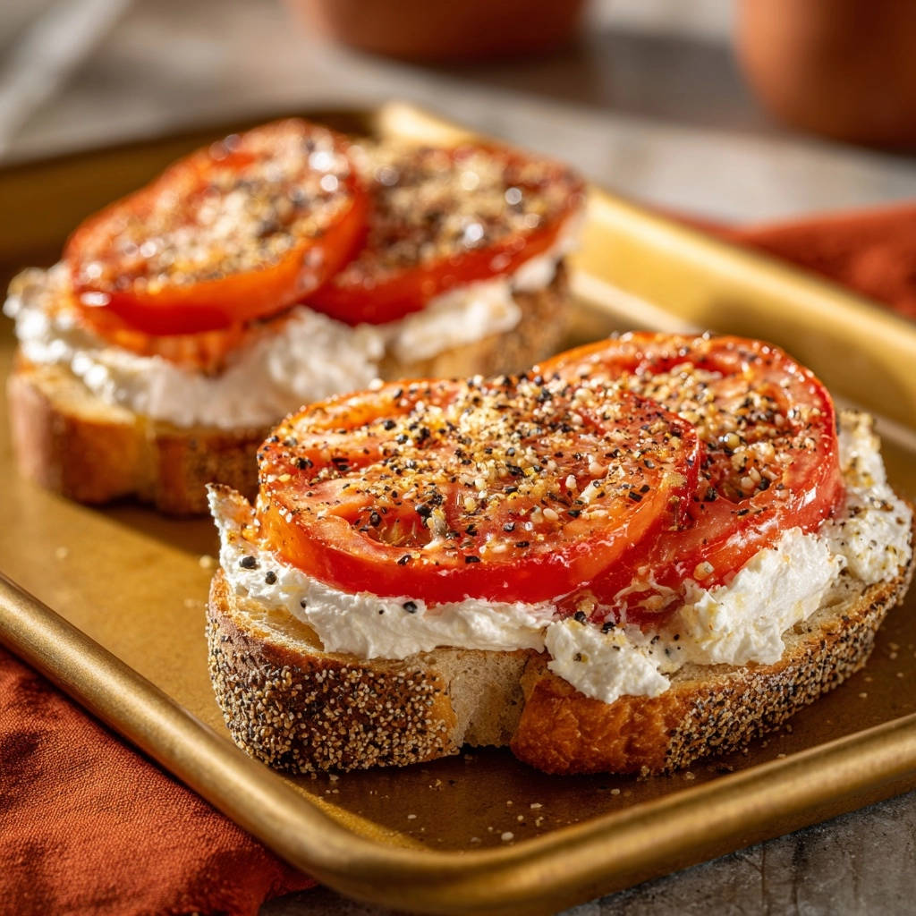 Everything tomato ricotta toast with a close-up view of the sprinkled seasoning on top.