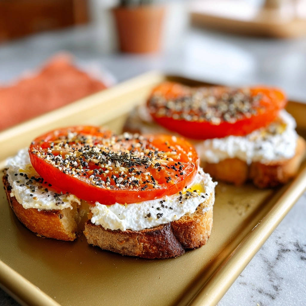 Everything tomato ricotta toast, showcasing a thick layer of creamy ricotta topped with a vibrant tomato slice and everything bagel seasoning.