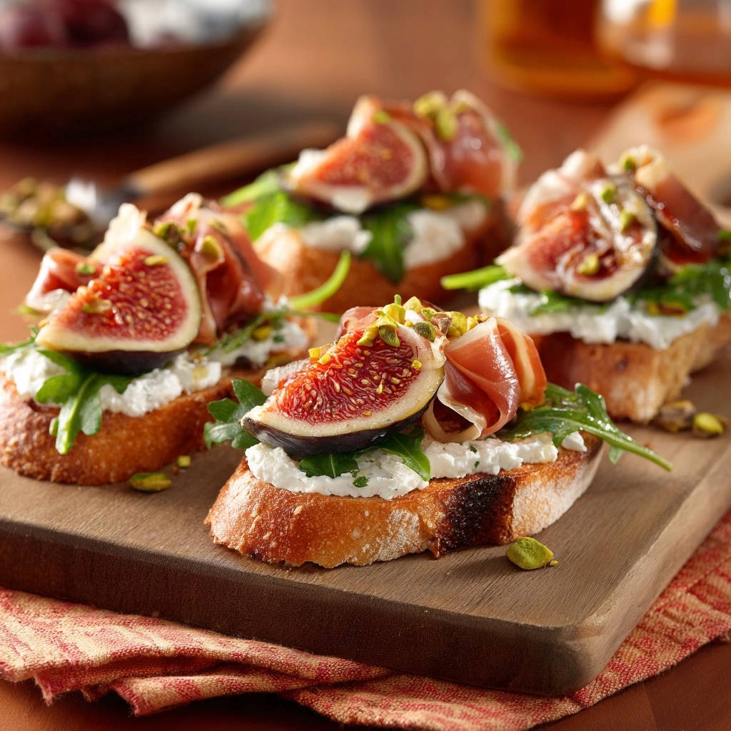 Fig and prosciutto crostini with goat cheese and arugula, showcasing a close-up detail of the fresh ingredients.
