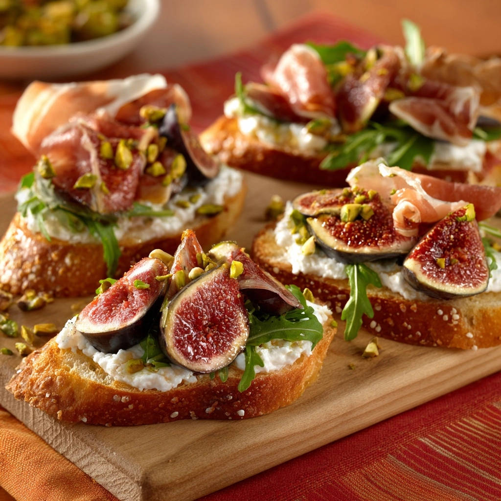 Fig and prosciutto crostini with creamy cheese and pistachios, shown as multiple servings in a close-up view.