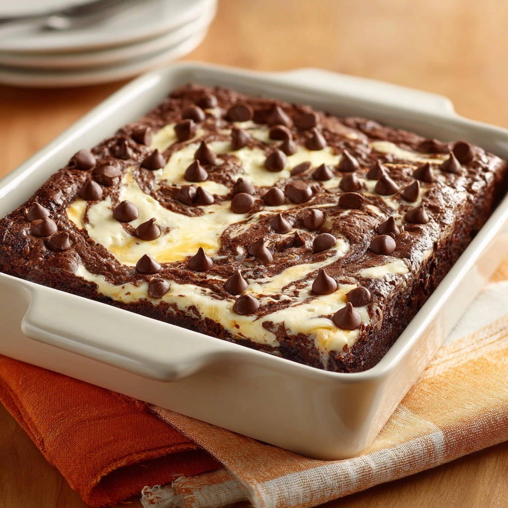 Fudgy cheesecake swirl brownies with a rich swirled chocolate and cream cheese topping dotted with chocolate chips.