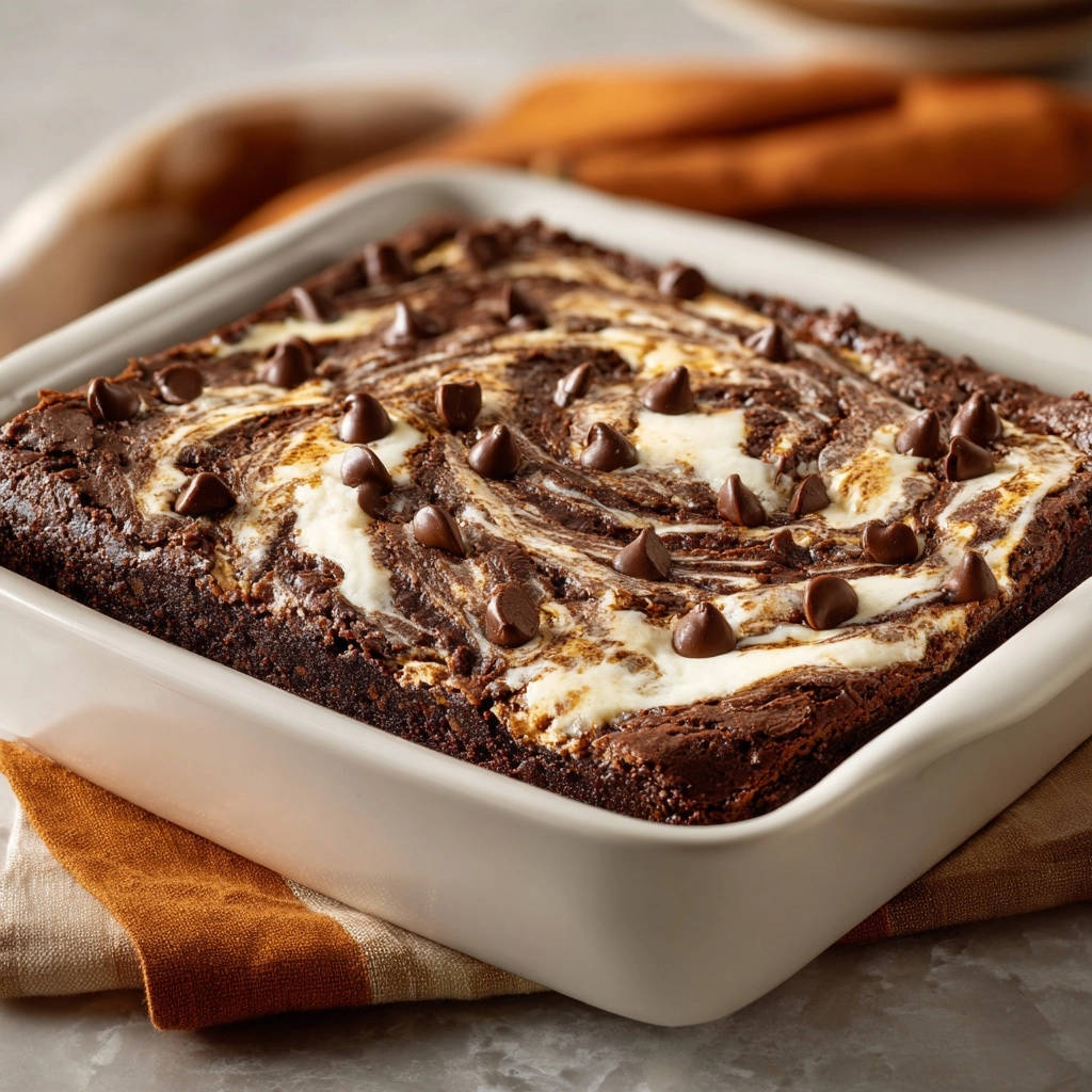 Fudgy cheesecake swirl brownies with a marbled cream cheese topping and chocolate chips, presented in a white baking dish.