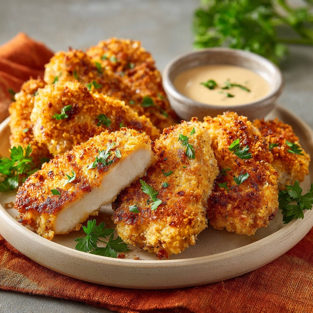 Golden chicken cutlets with a close-up cross-section and a side of dipping sauce.