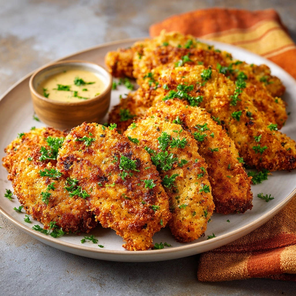 Golden chicken cutlets platter with dip and parsley garnish, showcasing a close-up view of the breaded texture.