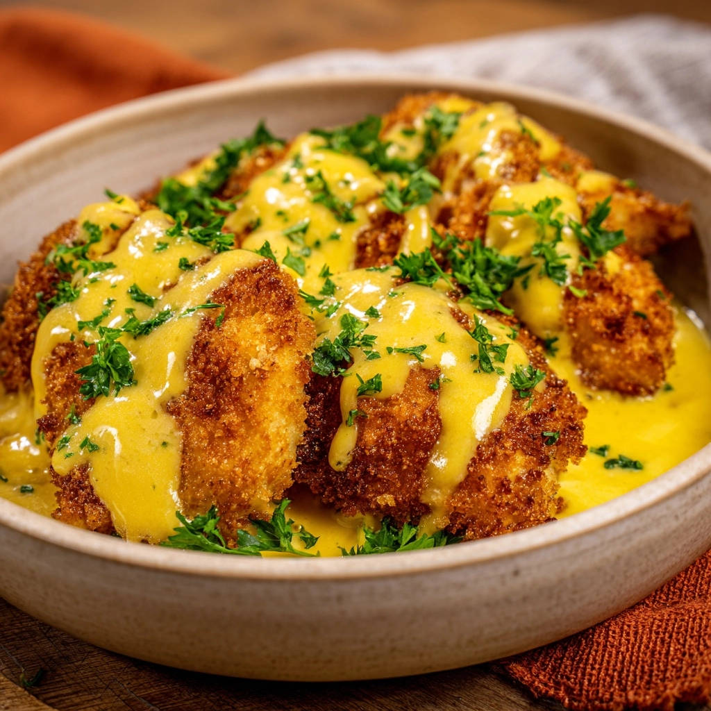 Golden fried chicken bites with velvety cheese sauce, showcasing a close-up view of the crispy texture and rich sauce.
