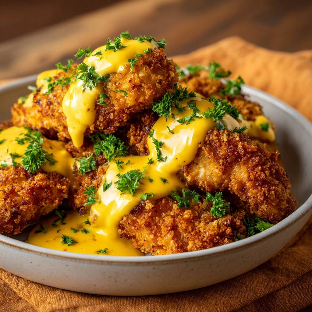 Golden fried chicken bites with velvety cheese sauce, a close-up view showing the crispy coating and fresh parsley garnish.