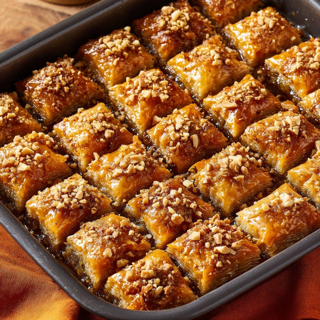 Golden pistachio baklava with a glistening syrup glaze and chopped nut topping shown in a close-up view.