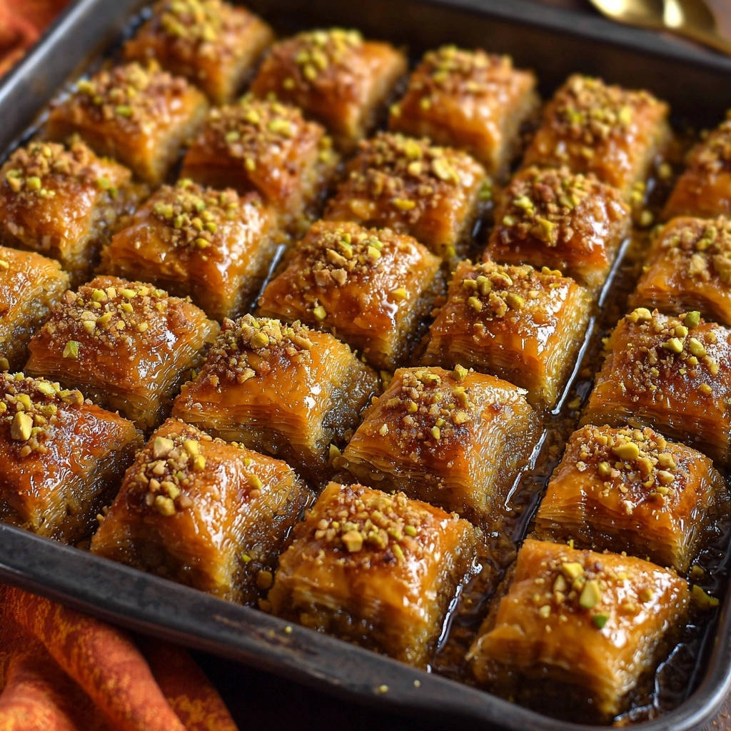 Golden pistachio baklava in a baking tray, showing the glistening syrup and chopped pistachios on top.