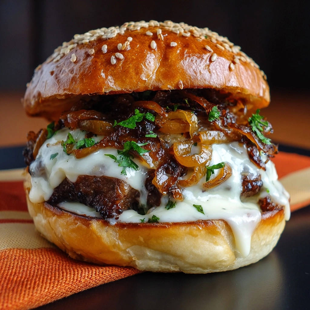 Gourmet caramelized onion cheeseburger with melted cheese and parsley, shown in a close-up view.