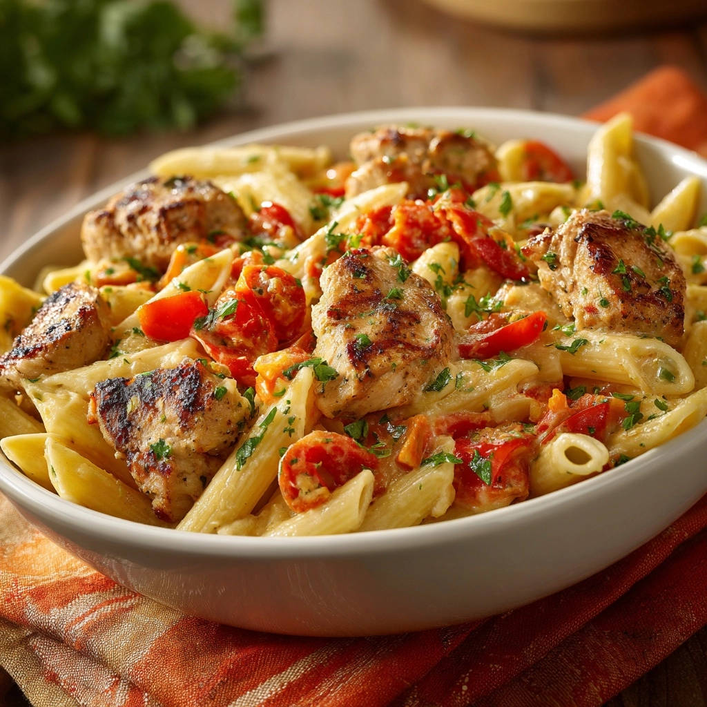 Grilled chicken and bell pepper pasta in a white bowl, showcasing the creamy sauce and garnished with parsley.