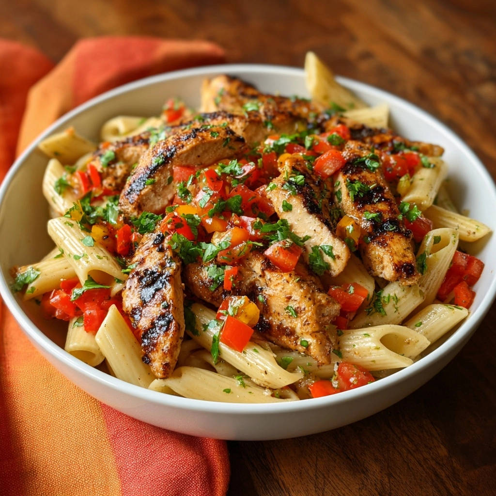Grilled chicken and bell pepper pasta shown close-up in a white bowl, garnished with fresh parsley.