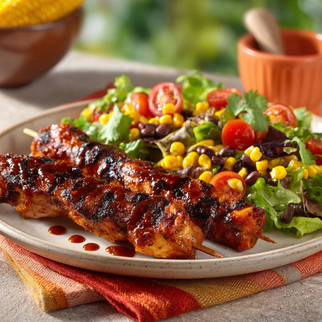 Grilled chicken skewers with a BBQ glaze served on a plate with a fresh corn and bean salad.