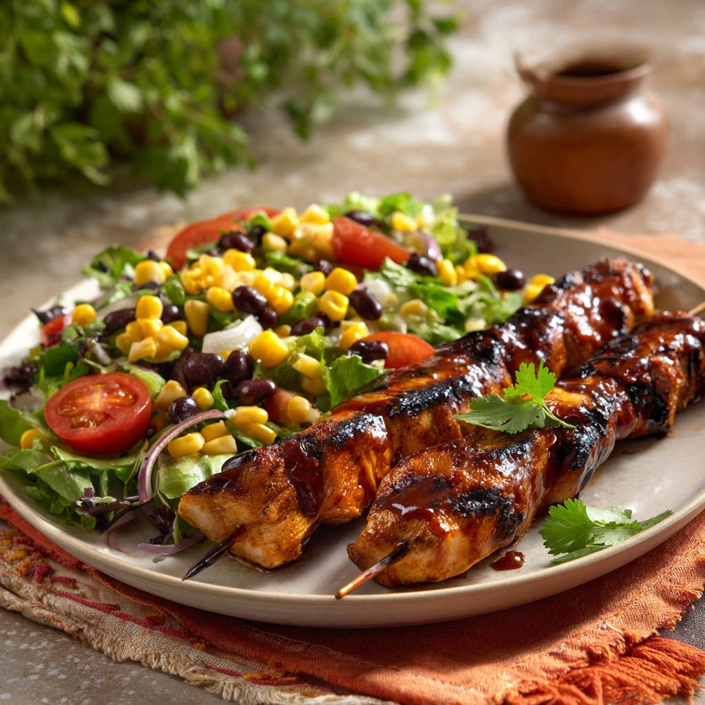 Grilled chicken skewers with BBQ glaze plated alongside a fresh corn and black bean salad, garnished with cilantro.