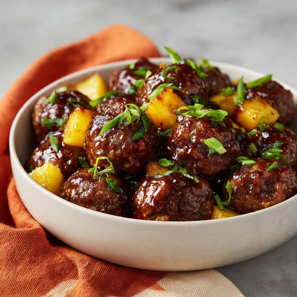 Hawaiian glazed meatballs in a bowl with pineapple chunks and green onions, a close-up view.