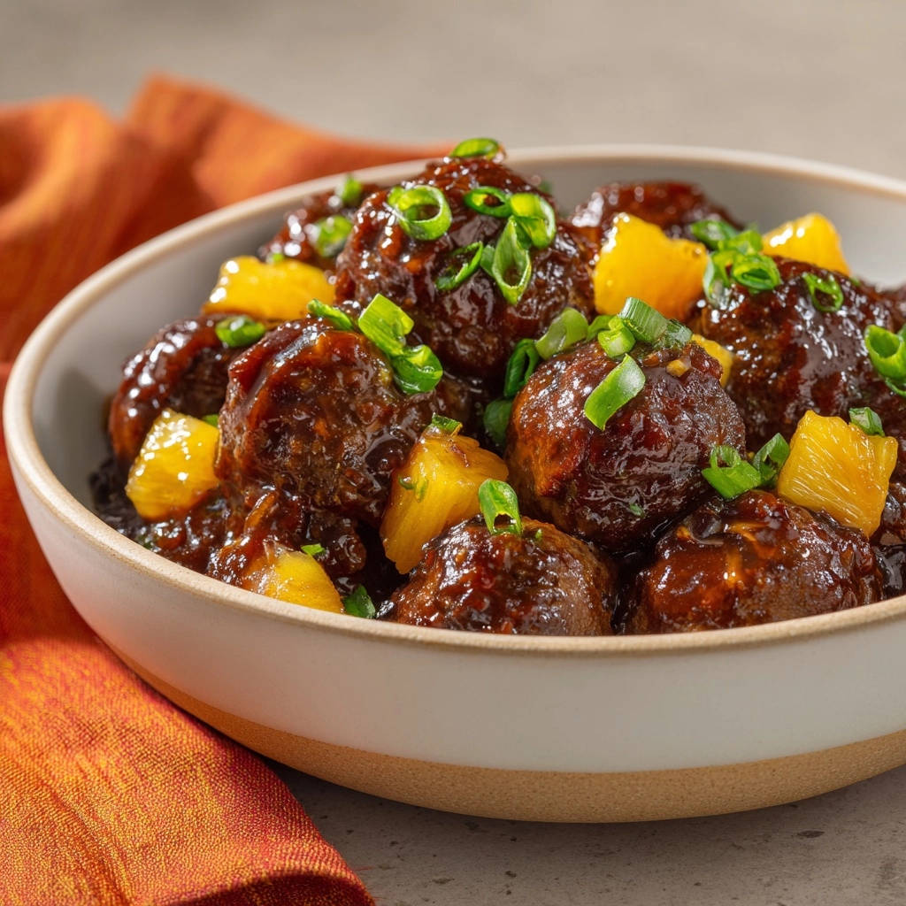 Hawaiian glazed meatballs glistening with sauce and garnished with chopped green onions and pineapple chunks.