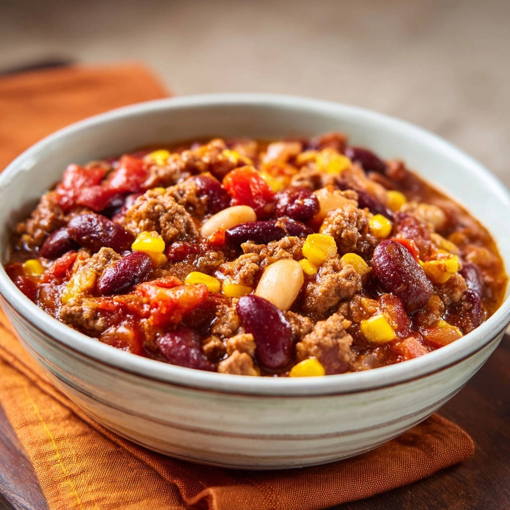 Hearty beef and bean chili served in a bowl, with a close-up view of the rich texture and ingredients.