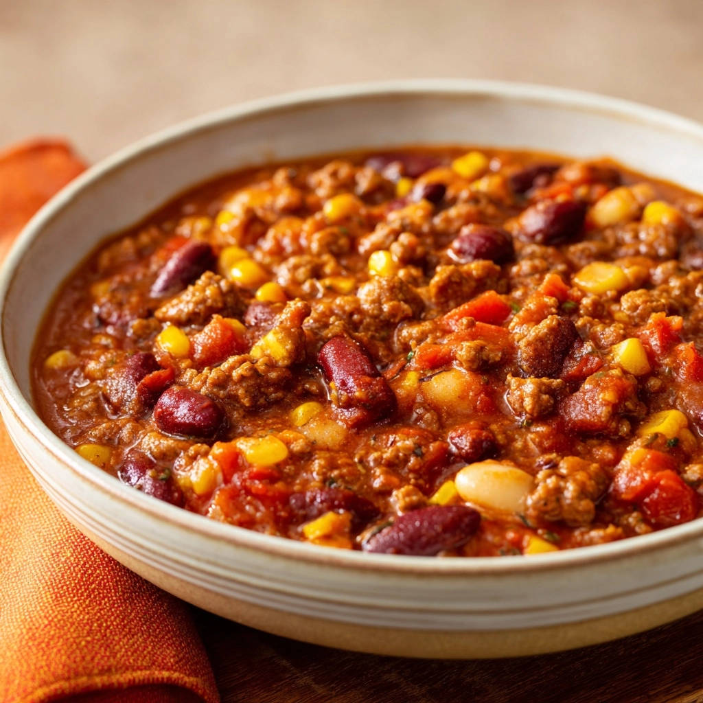 Hearty beef and bean chili shown in a close-up view of a bowl filled with ground beef, kidney beans, and corn.