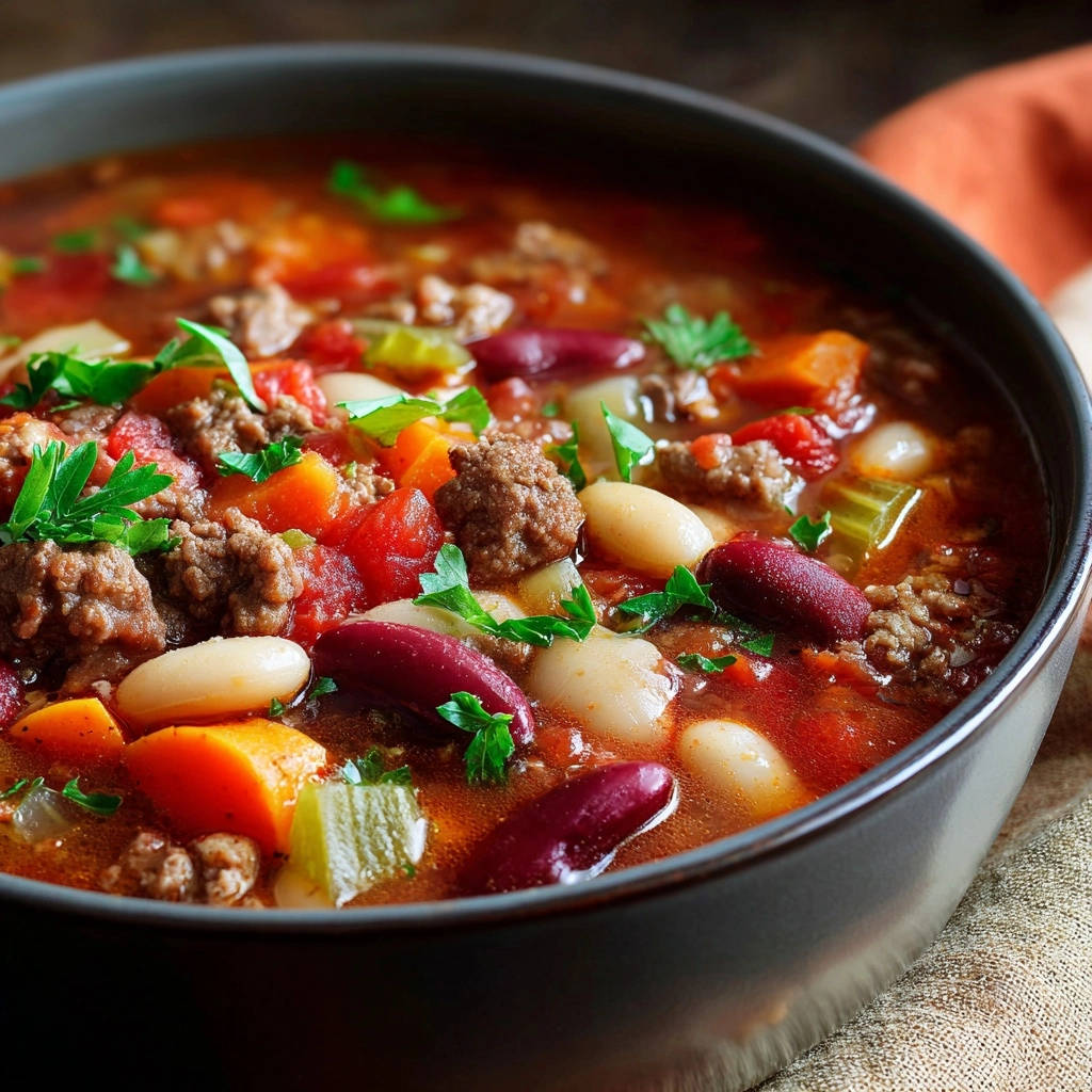 Hearty beef and bean chili shown in a close-up view within a dark bowl, featuring tender chunks of beef, kidney beans, and white beans.