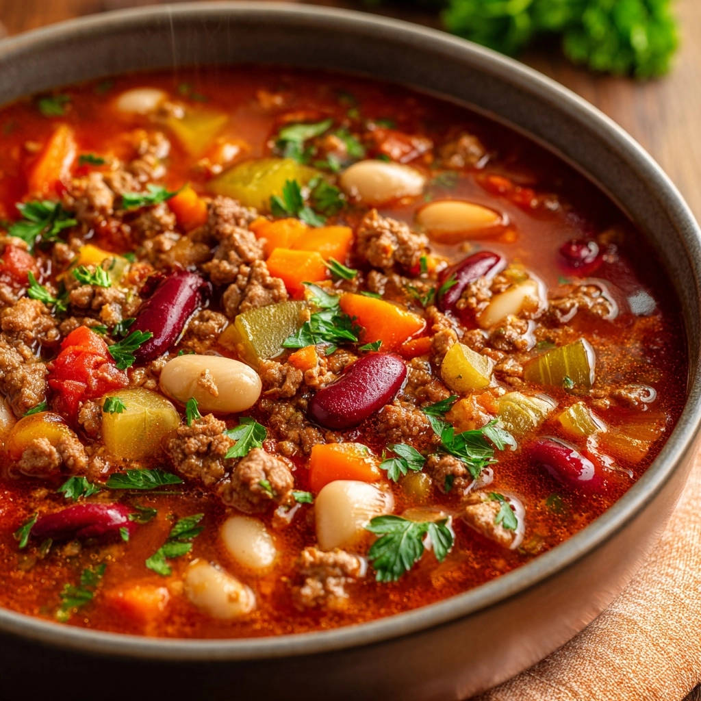 Hearty beef and bean chili shown in a close-up view of a rustic bowl filled with rich broth and chunky ingredients.