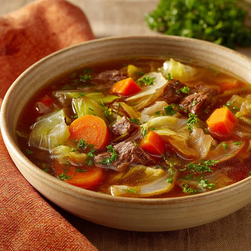 Hearty beef and cabbage soup shown in a close-up view of a rustic bowl filled with tender beef, cabbage, and carrots.