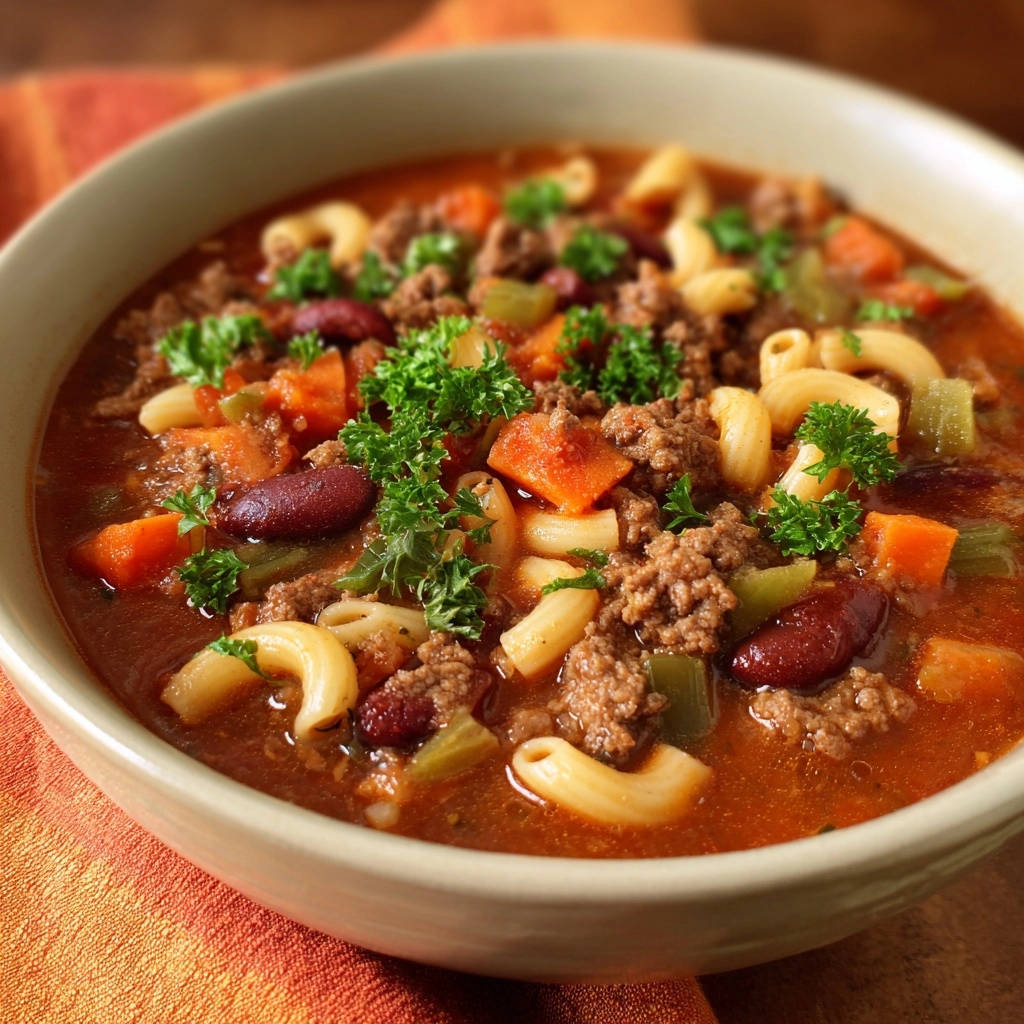 Hearty beef & macaroni chili shown in a close-up bowl view with visible pasta, beans, and fresh parsley garnish.