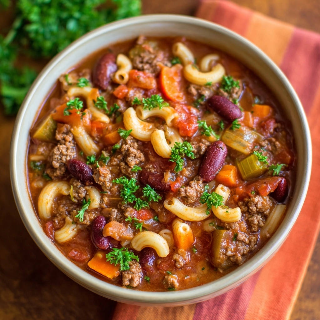 Hearty Beef & Macaroni Chili served in a close-up view of a bowl, garnished with fresh parsley.