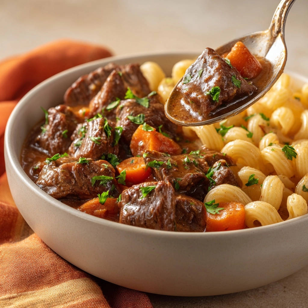 Hearty beef and noodle stew shown in a close-up with a spoonful lifting tender beef and carrots.
