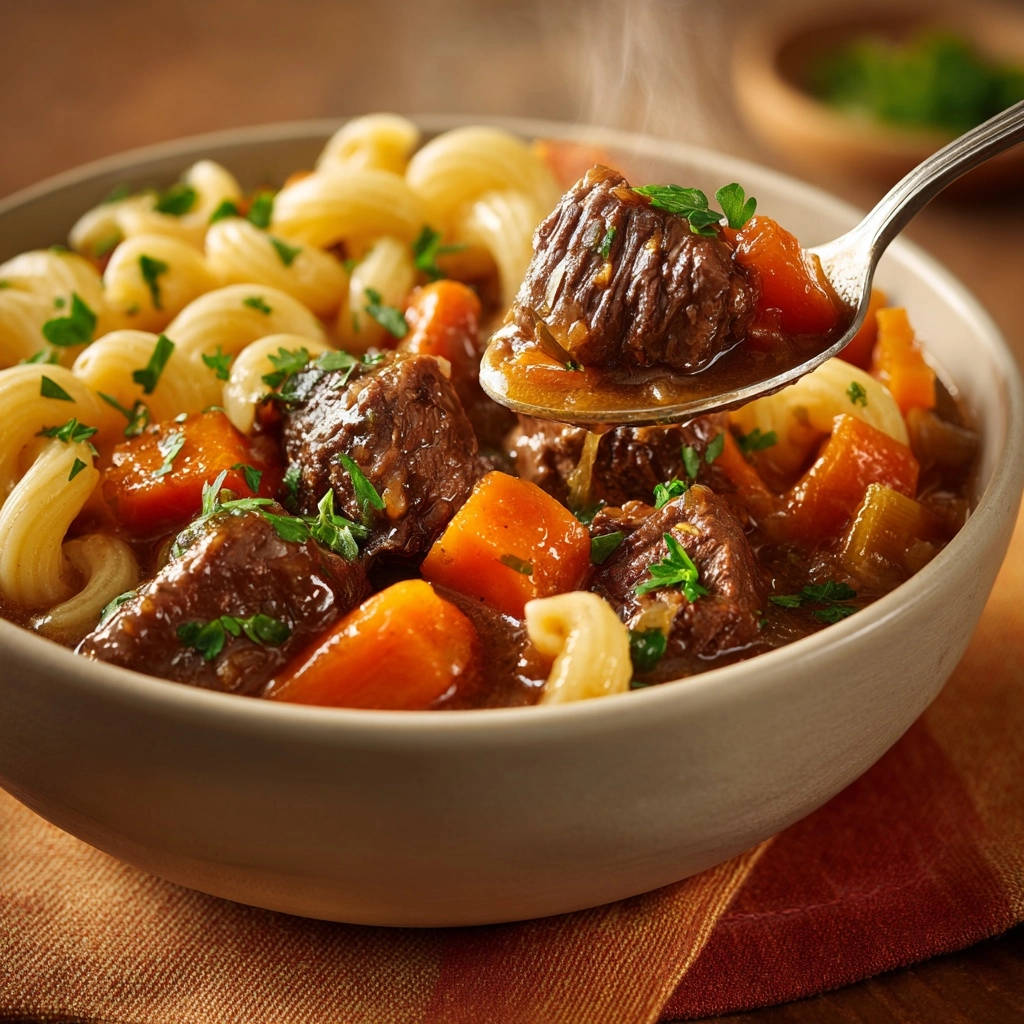 Hearty beef and noodle stew with a spoonful lifting out tender chunks of beef and carrots, showing steam rising.