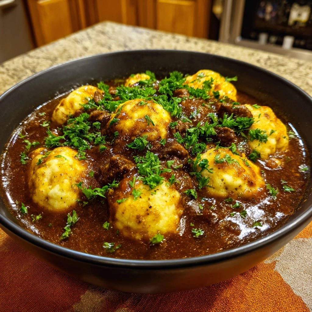Hearty beef stew with dumplings, generously garnished with fresh parsley for a vibrant finish.