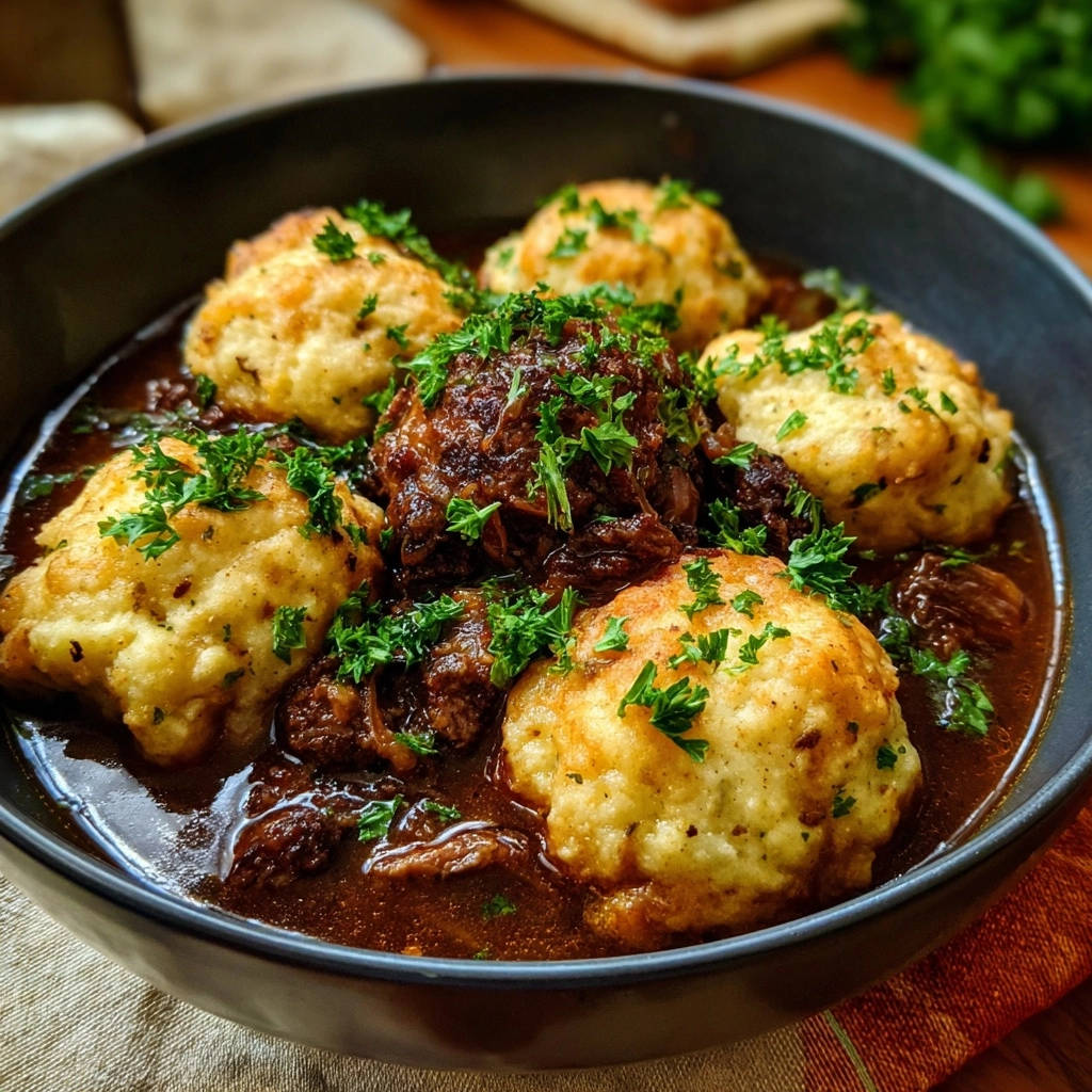 Hearty beef stew with dumplings served in a close-up bowl, garnished with fresh parsley.