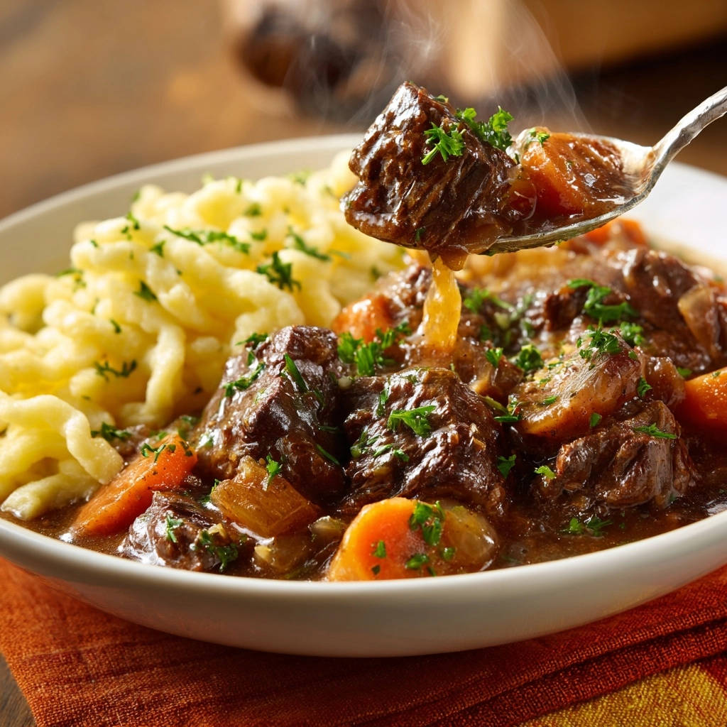 Hearty beef stew and noodles with a spoonful being lifted, showing tender meat and rich gravy.