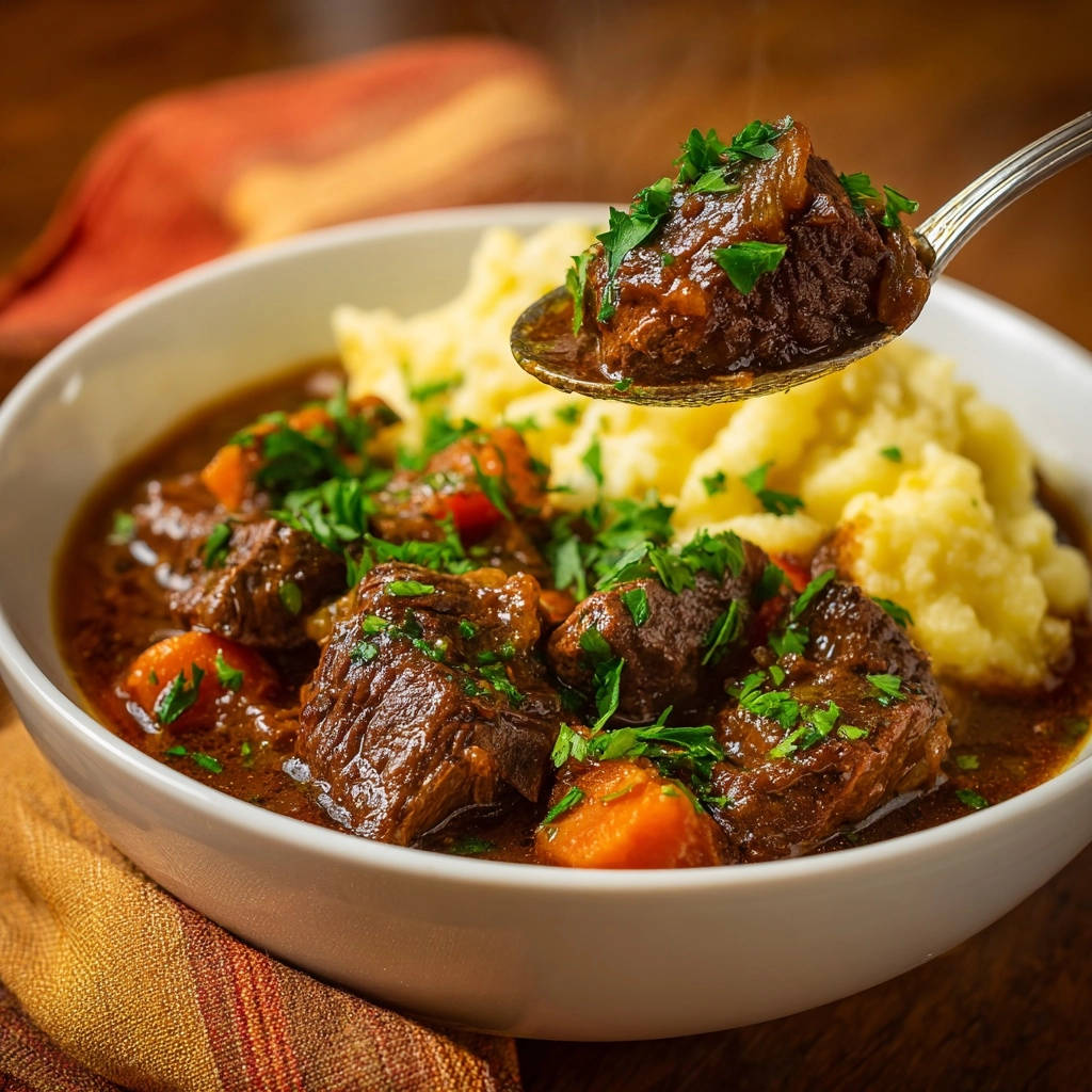 Hearty beef stew & noodles shown in a close-up spoonful being lifted from the bowl, garnished with parsley.