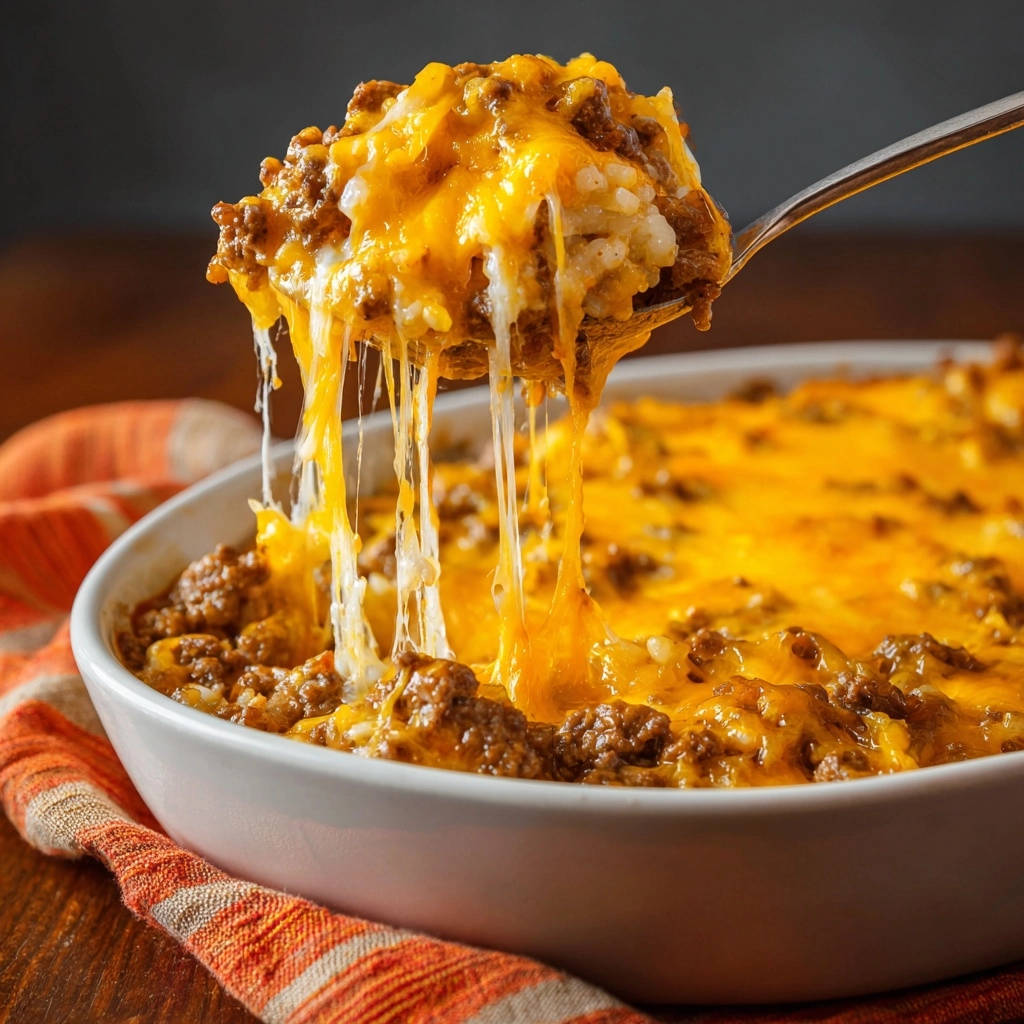 Hearty cheesy beef and rice bake with a spoon lifting a portion showing gooey cheese pull.