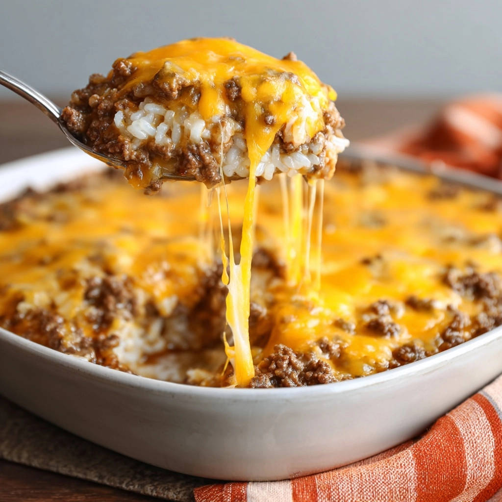 Hearty Cheesy Beef & Rice Bake shown on a spoonful with gooey melted cheese stretching from the casserole.