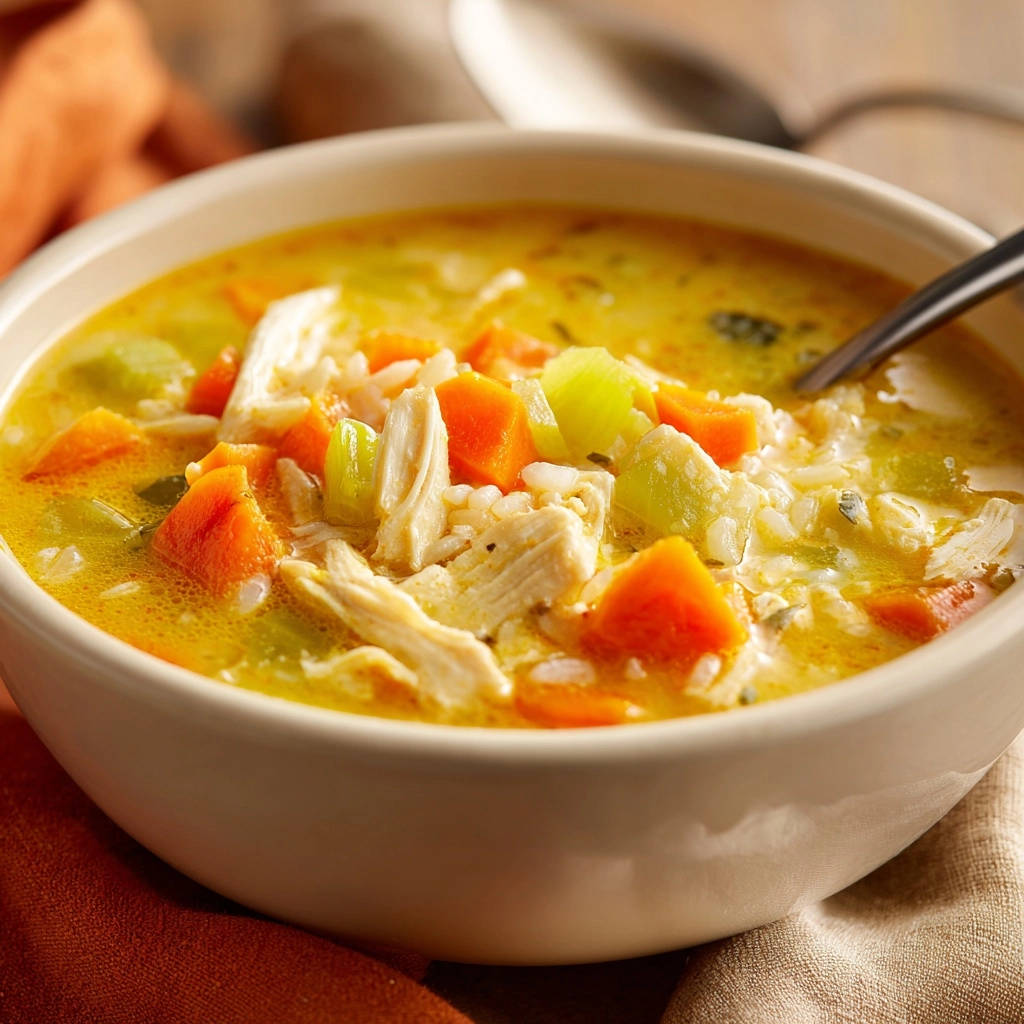Hearty chicken & rice soup with tender rice and visible chunks of carrot and celery in a close-up view.