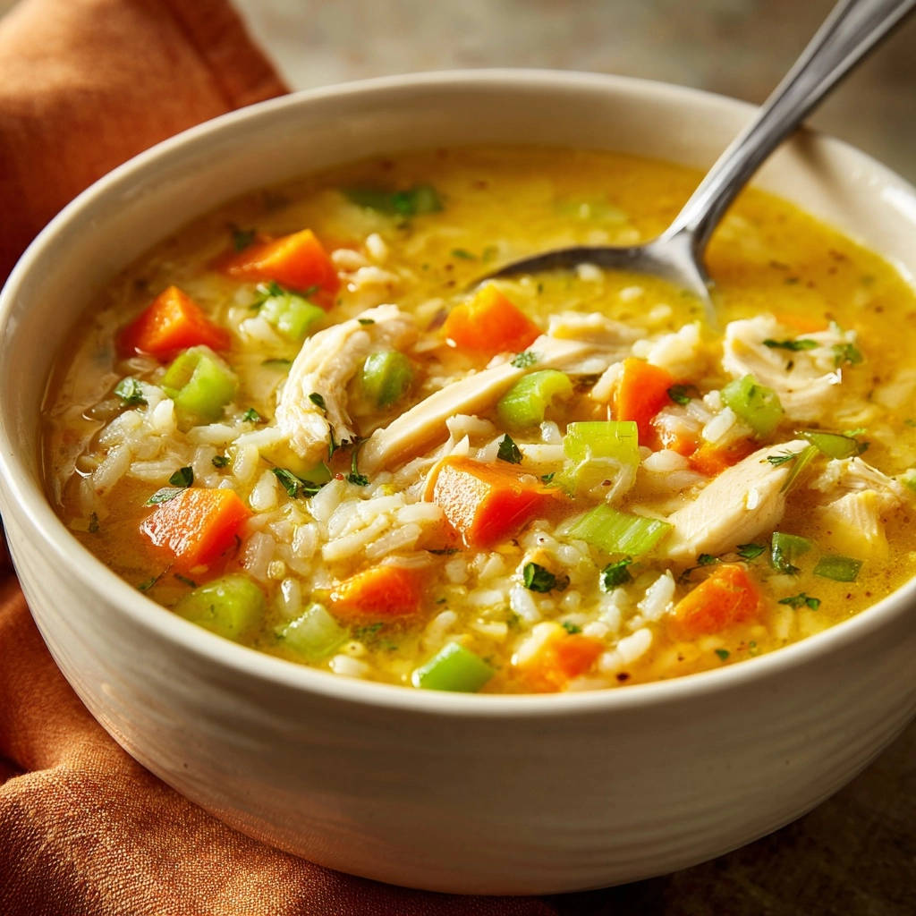 Hearty chicken & rice soup close-up view in a bowl, showing tender rice, carrots, celery, and shredded chicken.