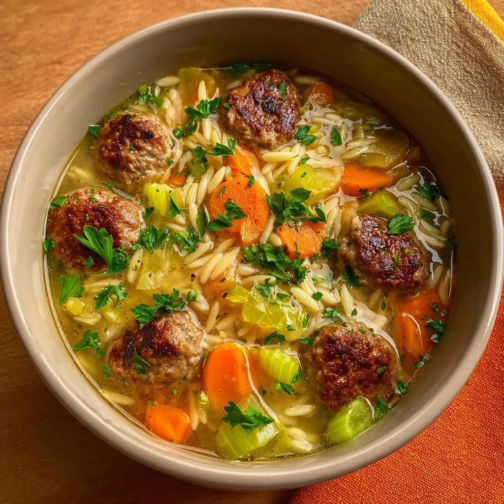 Hearty meatball and orzo soup served in a bowl, showcasing tender meatballs, pasta, and vegetables.