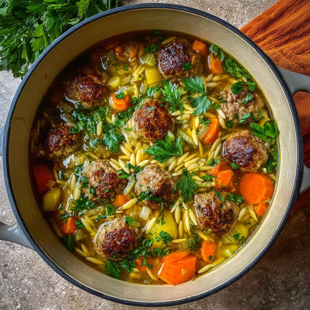 Hearty meatball and orzo soup served in a rustic bowl, showcasing tender meatballs and vibrant vegetables from an overhead perspective.