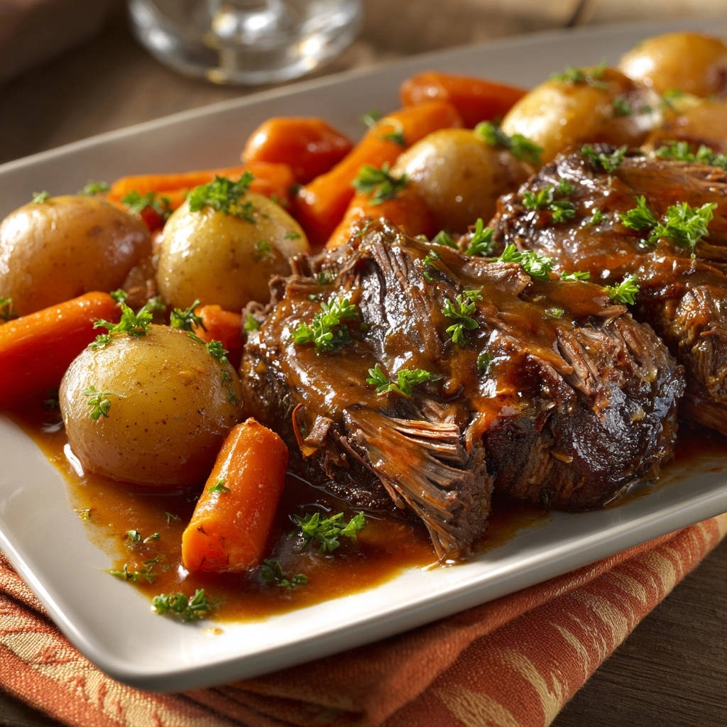 Hearty pot roast featuring tender shredded meat with carrots and potatoes, generously covered in rich gravy.