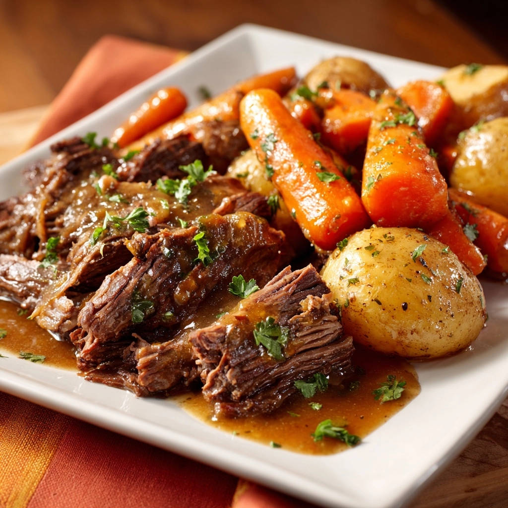 Hearty pot roast sliced with tender carrots and potatoes, bathed in savory gravy and garnished with parsley.