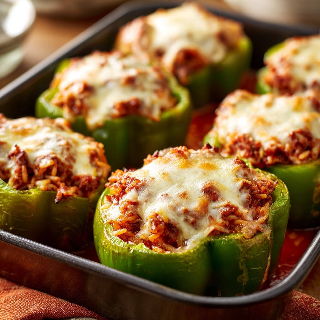Hearty stuffed bell peppers baked in a pan, topped with melted cheese and a savory filling.