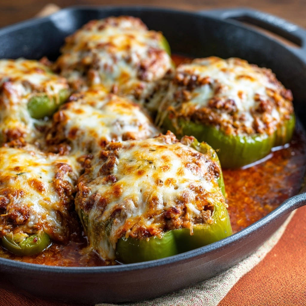 Hearty stuffed bell peppers baked in a cast iron skillet, topped with melted cheese and savory filling.