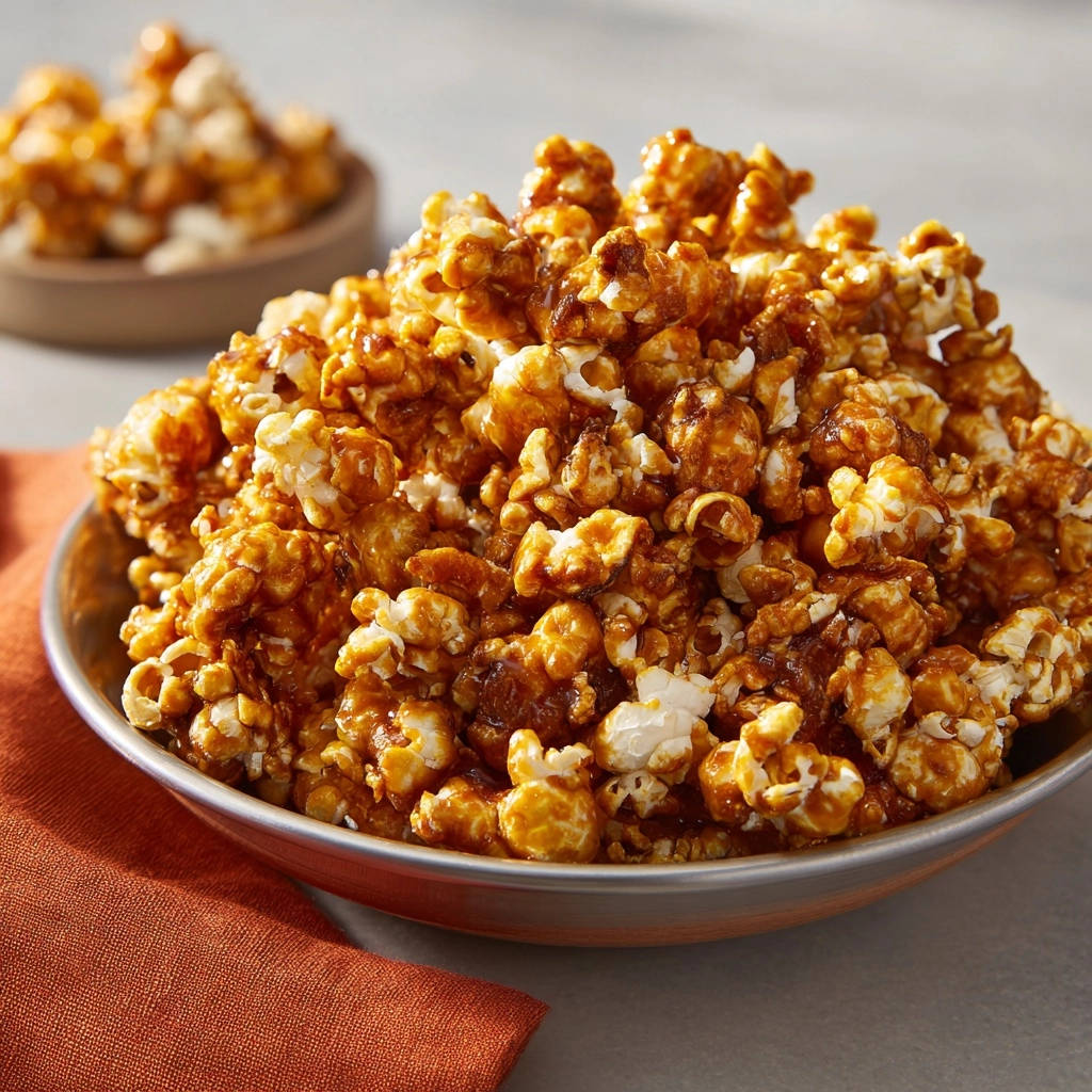 Homemade caramel popcorn piled high in a serving bowl, showcasing its rich, glossy coating and varied textures.