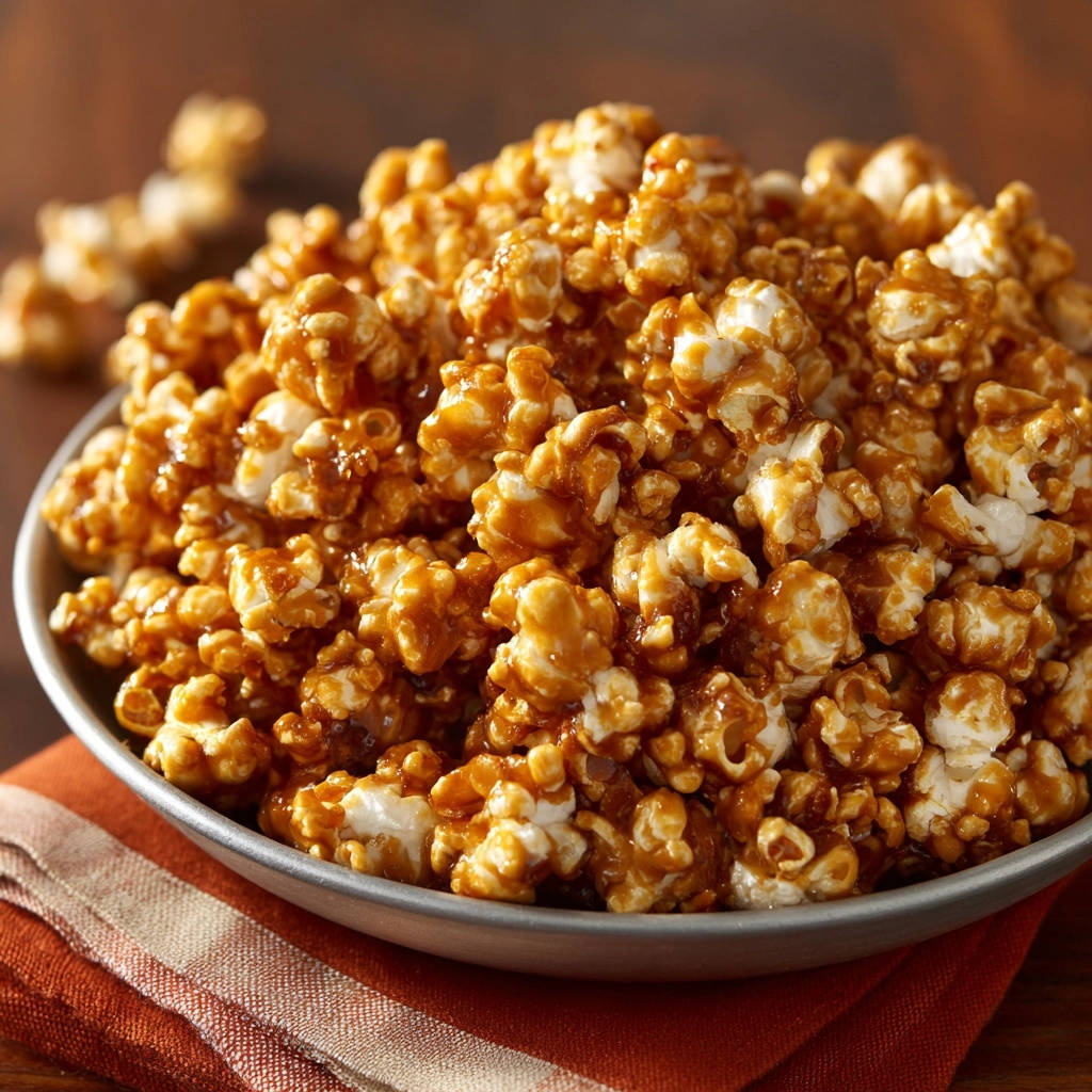 Homemade caramel popcorn in a bowl, showcasing the glossy, crisp coating on individual pieces.