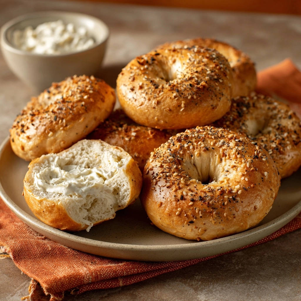 Homemade everything bagels, featuring a halved bagel generously spread with cream cheese, surrounded by whole bagels.