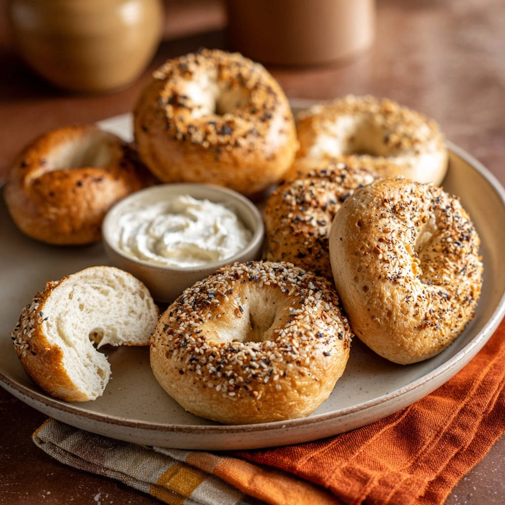 Homemade everything bagels arranged on a plate with a bowl of cream cheese, offering a delightful breakfast spread.