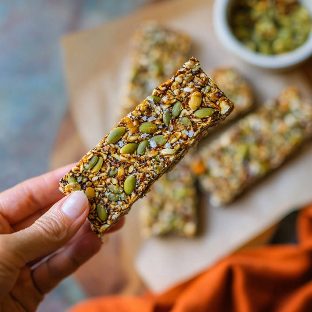 Homemade seed and oat bars held in a hand, showcasing a close-up view of the textured ingredients.