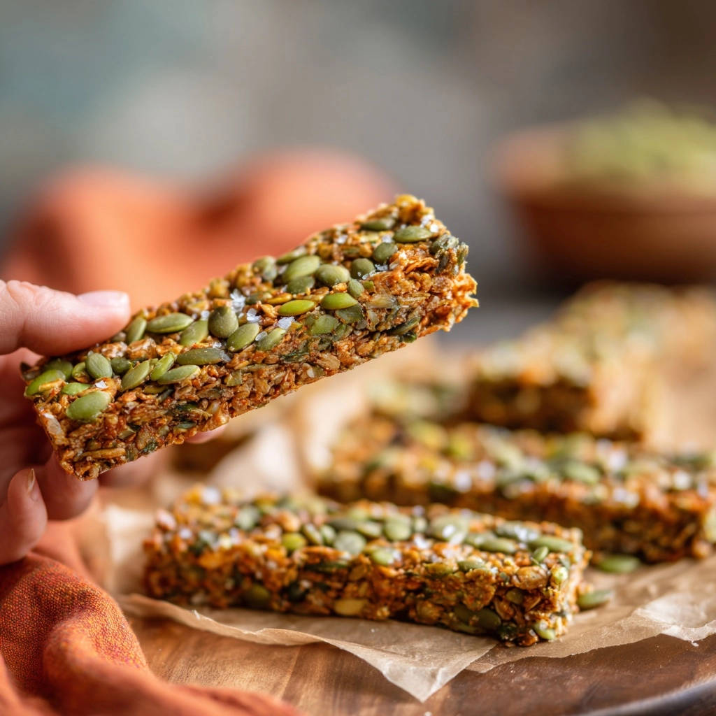 Homemade seed & oat bars held in hand, showcasing a close-up view of the dense, seedy texture with visible salt flakes.