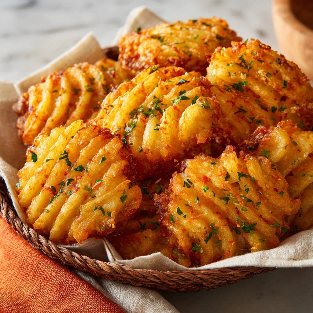 Homemade waffle fries in a basket, generously garnished with fresh parsley and spices.
