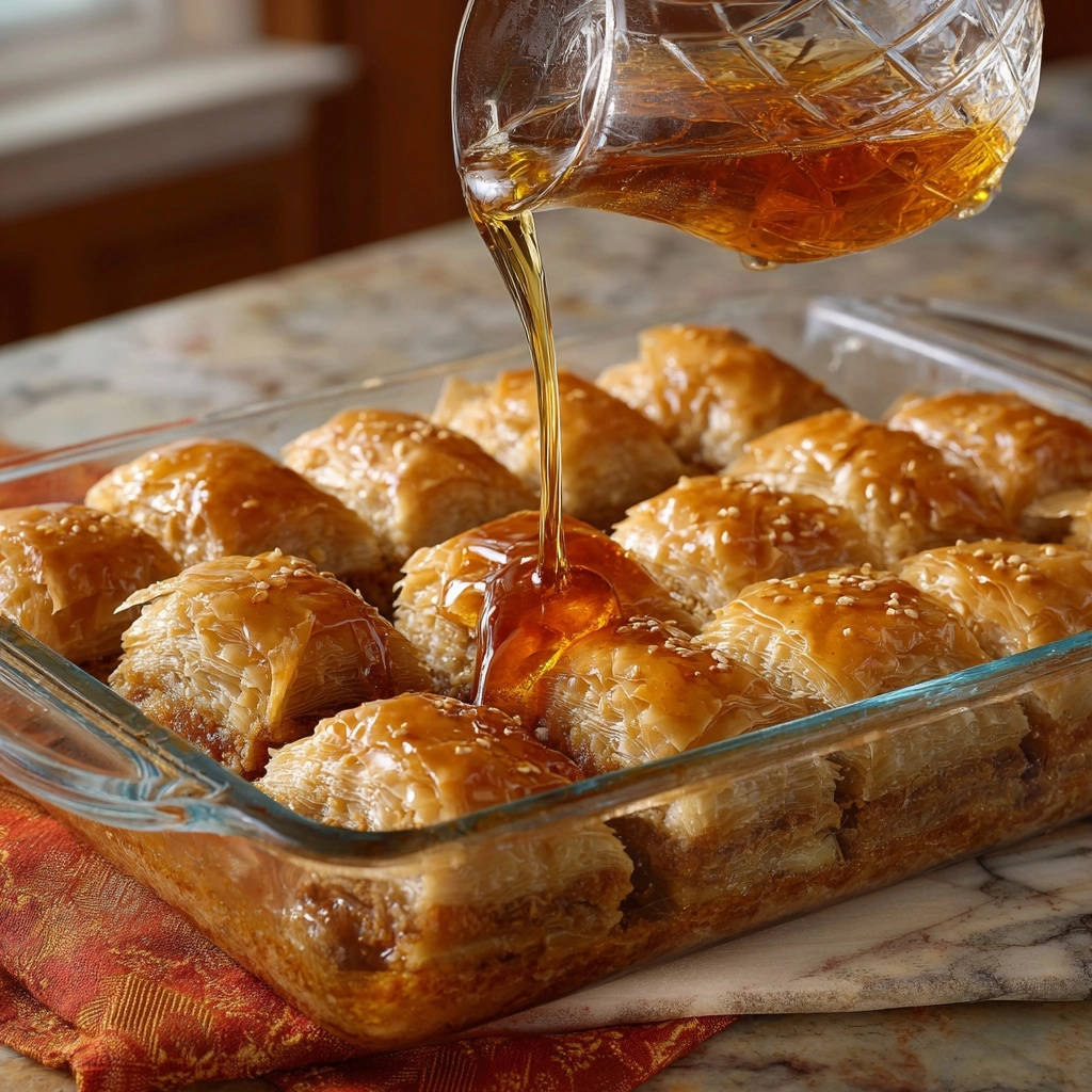 Classic honey baklava with honey being poured over the top in a close-up view.